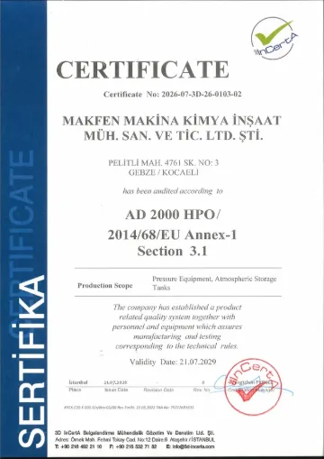 Makfen – تصنيع معدات الضغط (AD 2000-Merkblatt HP 0 / 2014/68/EU) – 3D InCertA, رقم الشهادة 2026-07-3D-26-0103-02, سارية حتى 21.07.2029