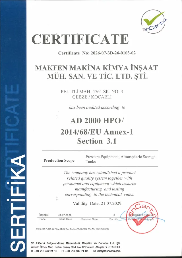 Makfen – Fabbricazione di attrezzature a pressione (AD 2000-Merkblatt HP 0 / 2014/68/EU) – 3D InCertA, certificato n. 2026-07-3D-26-0103-02, valido fino al 21.07.2029