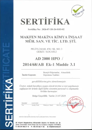 Makfen AD 2000-Merkblatt HP 0 / 2014/68/EU Basınçlı Ekipman İmalatı sertifikası – 3D InCertA, sertifika no 2026-07-3D-26-0103-02, 21.07.2029 tarihine kadar geçerli