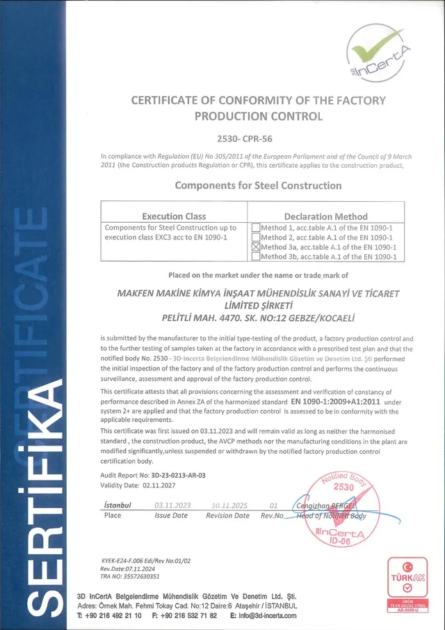 Makfen – Controllo della produzione in fabbrica – Componenti strutturali in acciaio (EN 1090-1:2009+A1:2011) – 3D InCertA, certificato n. 2530-CPR-56, valido fino al 02.11.2027