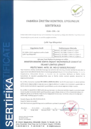 Makfen EN 1090-1:2009+A1:2011 Fabrika Üretim Kontrolü - Çelik Yapı Bileşenleri sertifikası – 3D InCertA, sertifika no 2530-CPR-56, 02.11.2027 tarihine kadar geçerli