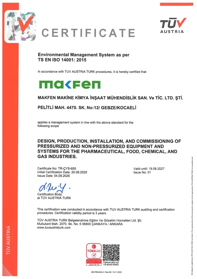 Makfen – Sistema di gestione ambientale (TS EN ISO 14001:2015) – TÜV AUSTRIA TURK, certificato n. TR-ÇYS-655, valido fino al 19.08.2027