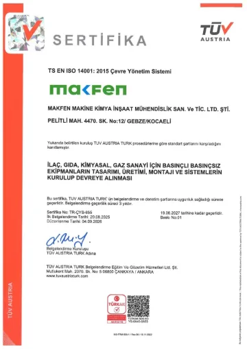 Makfen TS EN ISO 14001:2015 Çevre Yönetim Sistemi sertifikası – TÜV AUSTRIA TURK, sertifika no TR-ÇYS-655, 19.08.2027 tarihine kadar geçerli