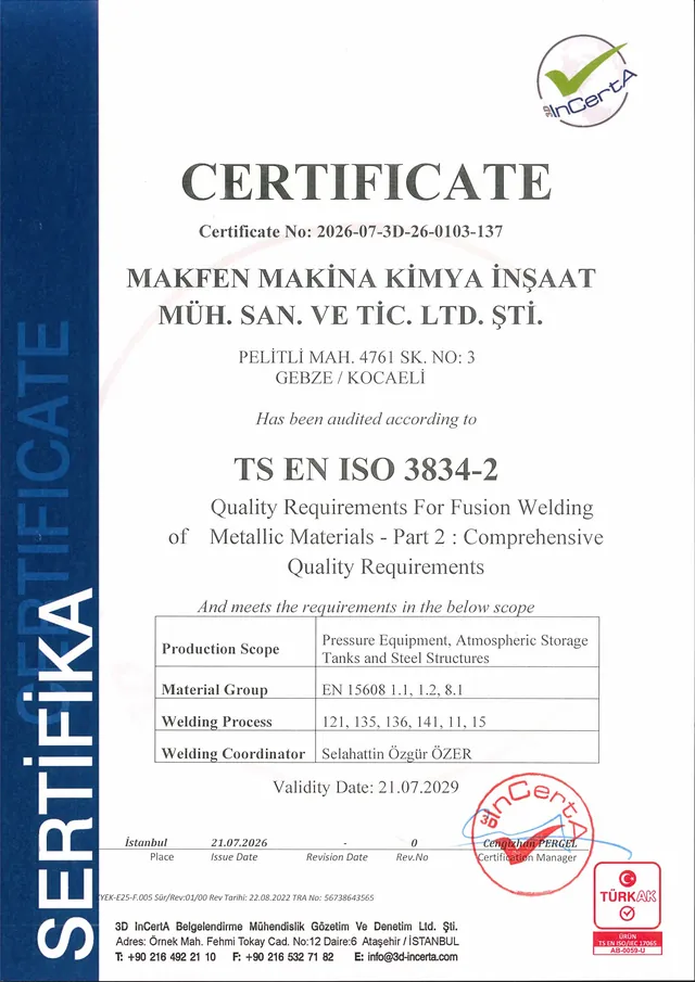 Makfen – Requisiti di qualità per la saldatura – Estesi (TS EN ISO 3834-2) – 3D InCertA, certificato n. 2026-07-3D-26-0103-137, valido fino al 21.07.2029