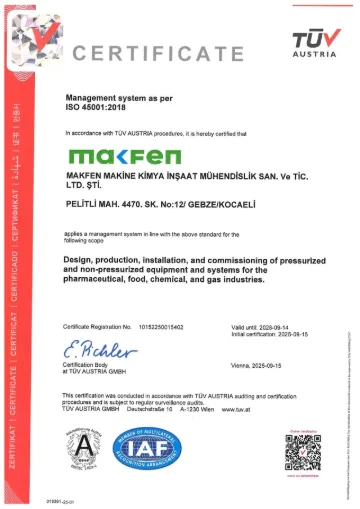 Makfen – نظام إدارة الصحة والسلامة المهنية (ISO 45001:2018) – TÜV AUSTRIA GmbH, رقم الشهادة 10152250015402, سارية حتى 14.09.2028