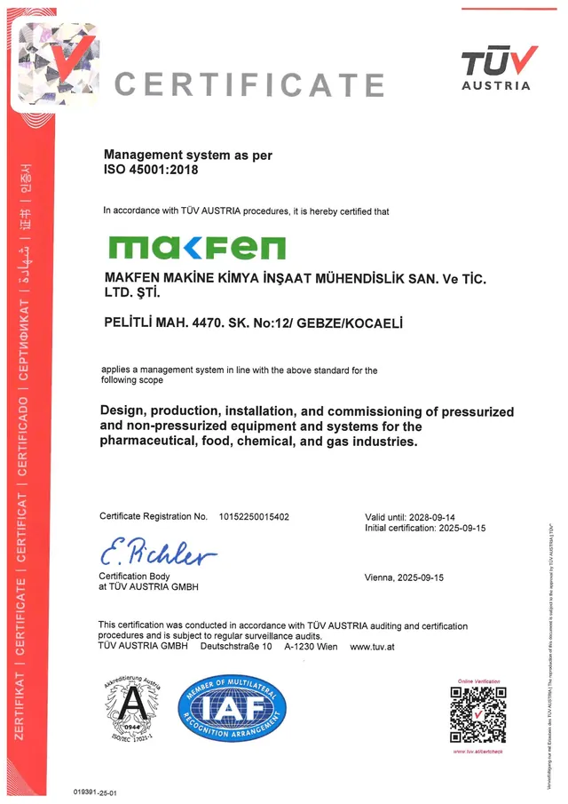 Makfen – Sistema di gestione per la salute e sicurezza sul lavoro (ISO 45001:2018) – TÜV AUSTRIA GmbH, certificato n. 10152250015402, valido fino al 14.09.2028