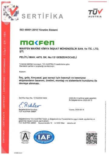 Makfen ISO 45001:2018 İş Sağlığı ve Güvenliği Yönetim Sistemi sertifikası – TÜV AUSTRIA GmbH, sertifika no 10152250015402, 14.09.2028 tarihine kadar geçerli