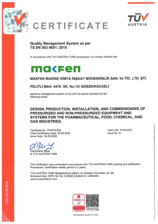 Makfen – Sistema di gestione per la qualità (TS EN ISO 9001:2015) – TÜV AUSTRIA TURK, certificato n. TR-KYS-655, valido fino al 19.08.2027