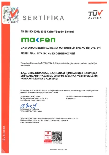 Makfen TS EN ISO 9001:2015 Kalite Yönetim Sistemi sertifikası – TÜV AUSTRIA TURK, sertifika no TR-KYS-655, 19.08.2027 tarihine kadar geçerli