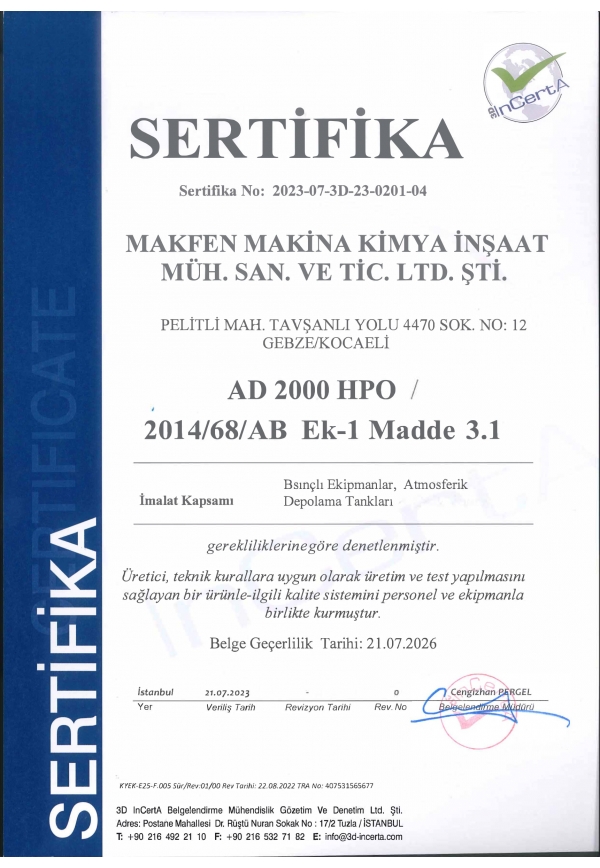 Bu belge, tasarım, imalat ve test süreçlerimizin uluslararası basınçlı ekipman standartlarına uygunluğunu göstermektedir.