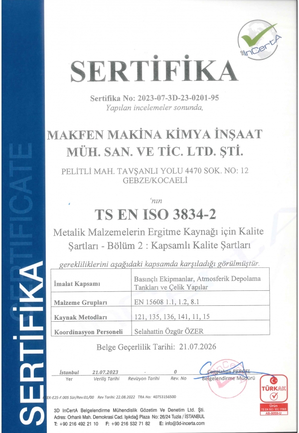 Makfen, yüksek kalite ve güvenilirlik gerektiren kaynaklı üretimlerde bu standardın tüm gerekliliklerini yerine getirmektedir.