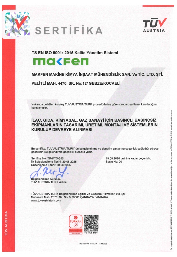 Makfen, ISO 9001 Kalite Yönetim Sistemi belgesi ile üretim ve hizmet süreçlerinde uluslararası kalite standartlarını uygulamaktadır.